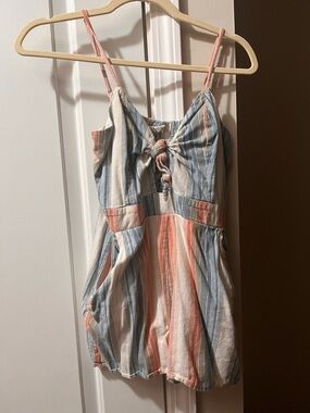 Sky and Sparrow Striped Tie-Front Romper in Blue, Coral & Cream